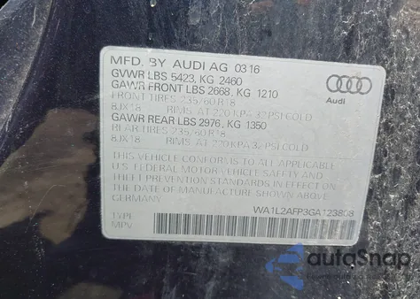 2016 Audi Q5 2.0T Premium z USA, uszkodzony, nr VIN WA1L2AFP3GA123808